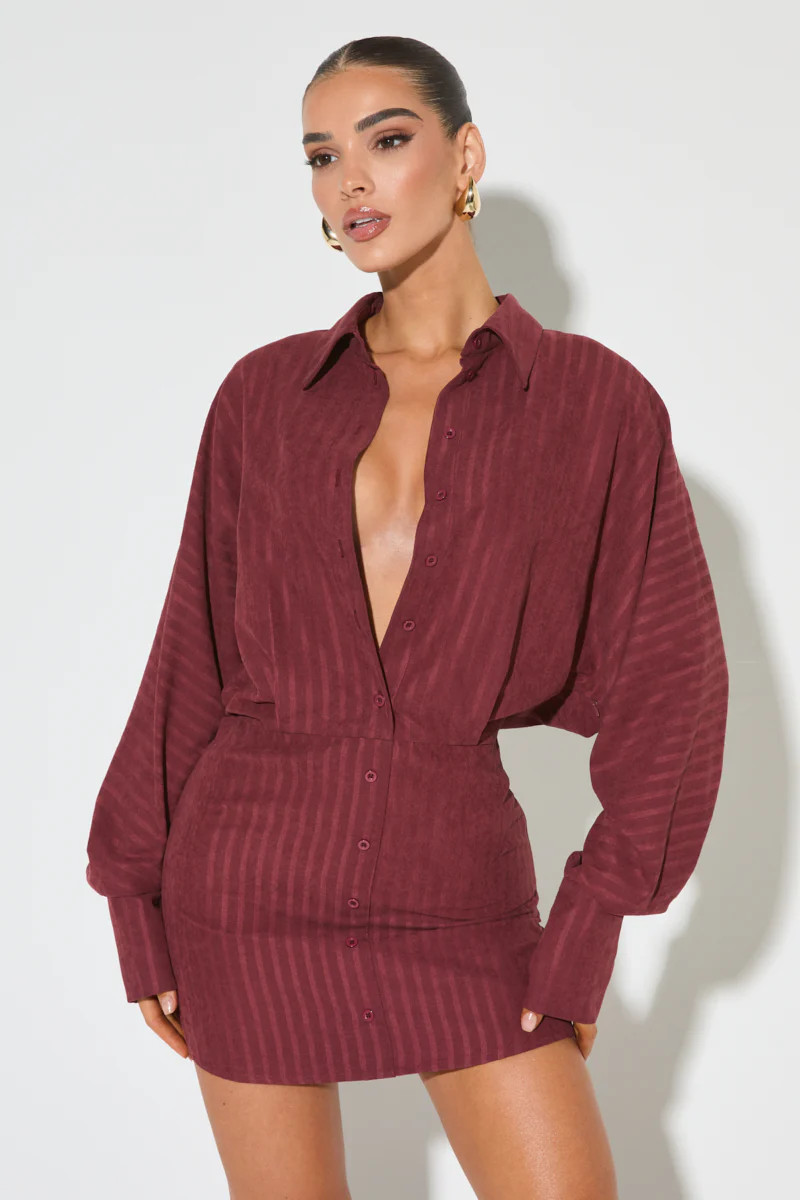 LEONE Burgundy Stripe Shirt Dress | Noughts and Kisses