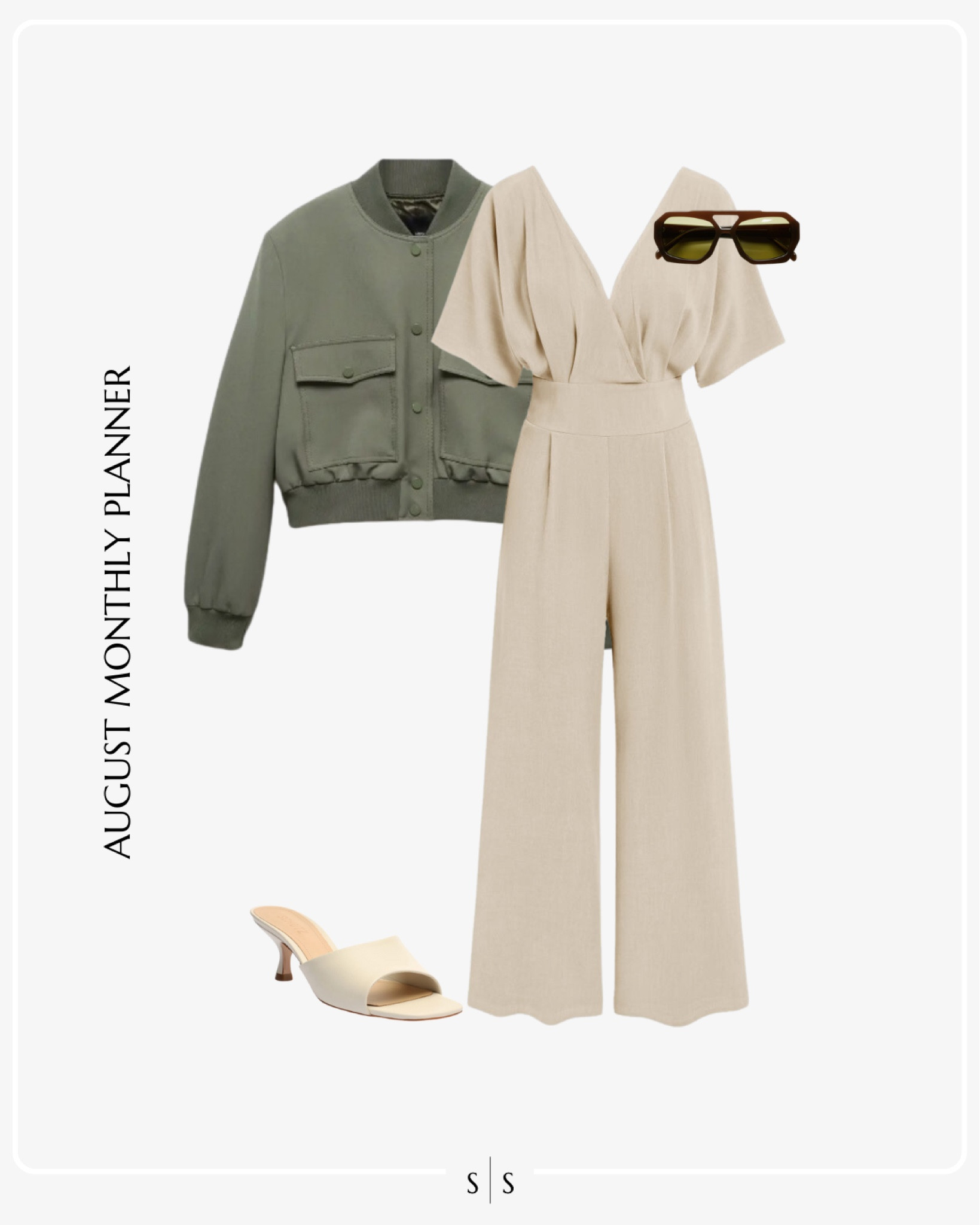Monthly outfit planner AUGUST: Summer to Fall transitional looks | tan jumpsuit, olive cropped jacket, mule heel sandals, sunglasses 

Date night outfit 

See the entire calendar on thesarahstories.com ✨ 


#LTKStyleTip