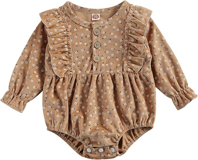 Vohawsa Infant Baby Boy Girl Solid Corduroy Ruffle Romper Jumpsuit Newborn One Piece Long Sleeve ... | Amazon (US)