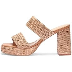 Monrovia Raffia Chunky Platform Heels for Women, Double Strap Square Open Toe Slip On Heels - Cas... | Amazon (US)