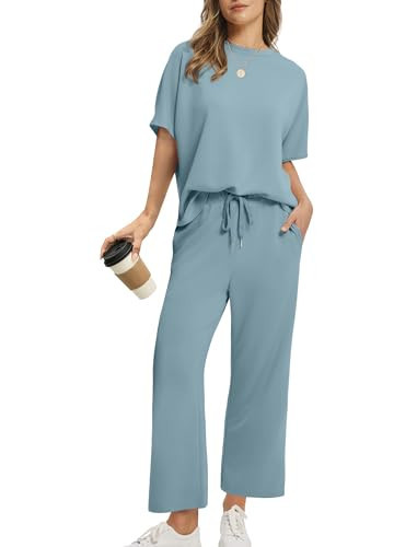 SAMPEEL Two piece Sets for Women Summer Vacation Outfits Lounge Sets Wide Leg Crop Pants Loungewear Matching Sets Women Clothing Travel Outfits Lake Blue L | Amazon (US)
