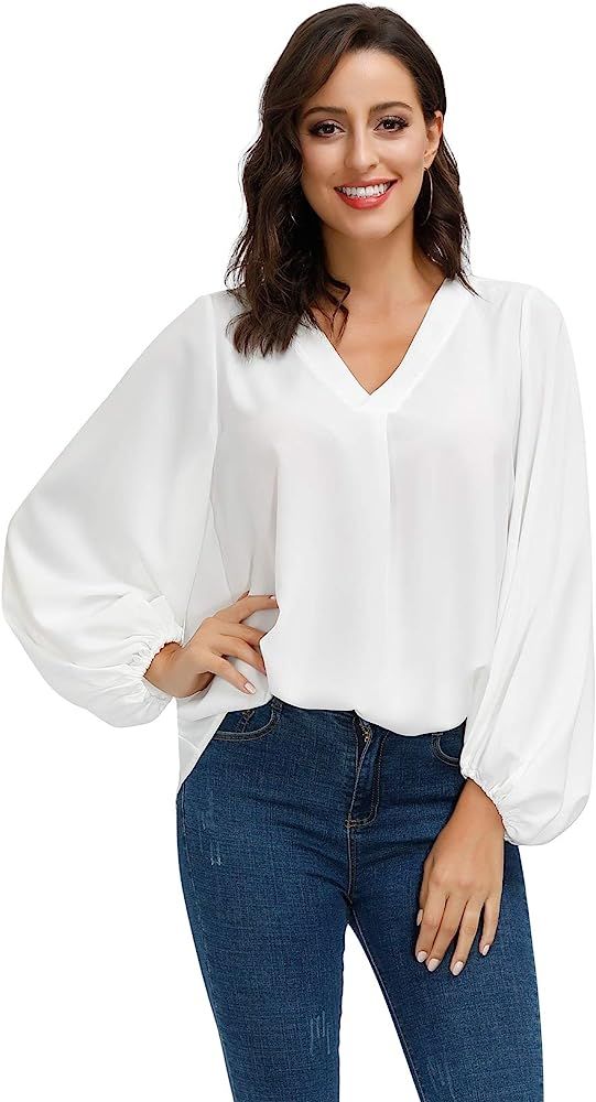 Da Mone Tops for Women Long Sleeve Blouses V Neck Casual Floral Plus Size Shirts | Amazon (US)
