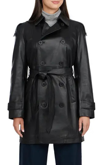 BADGLEY MISCHKA Double Breasted Leather Trench Coat in Black at Nordstrom Rack, Size Large | Nordstrom Rack