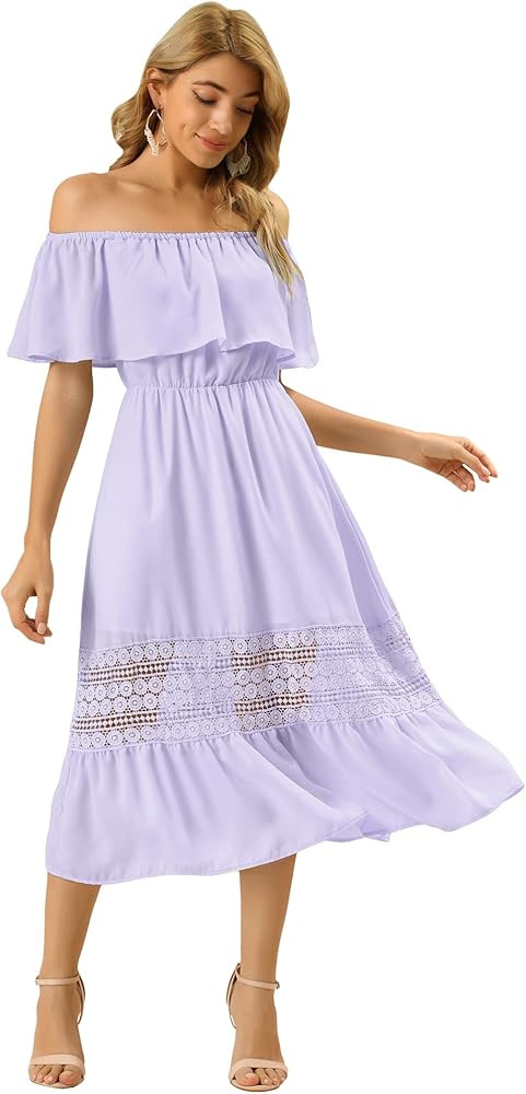 Allegra K Women's Off The Shoulder Ruffle Sleeve Lace Insert Beach Chiffon Midi Dress | Amazon (US)