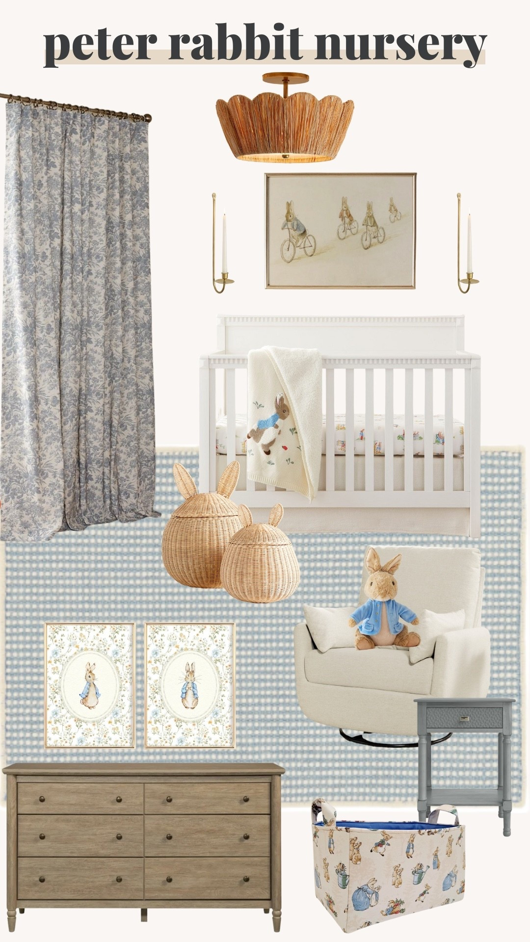 Peter rabbit nursery decor, basket, curtain picks, rocking chair, crib, wall art, candle stick holders, rug, accent chair 

#LTKStyleTip #LTKHome #LTKBaby