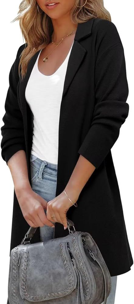 ZOLUCKY Women's Open Front Knit Cardigan Long Sleeve Lapel Casual Solid Classy Sweater Jacket | Amazon (US)