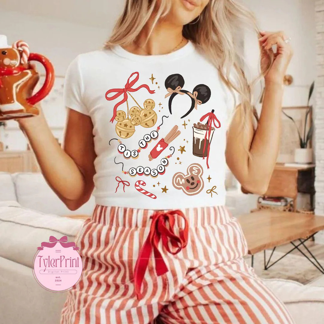 Retro Coquette Bow Disney Christmas Baby Tee, Tis the Season Christmas Shirt, Disney Snacks Micke... | Etsy (US)