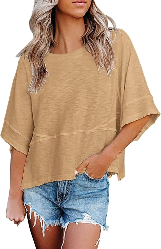 Womens Fashion T-Shirt Crewneck 3/4 Sleeves Solid Color Loose Basic Tops Summer Casual Tees Blous... | Amazon (US)