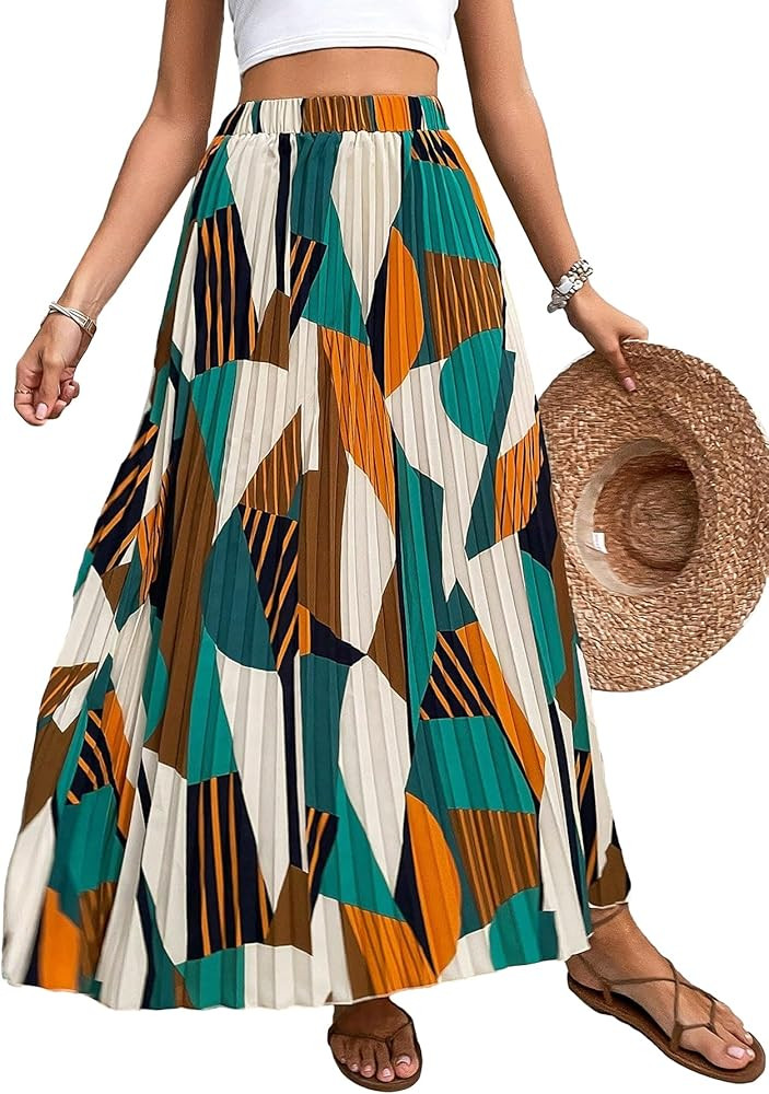 MakeMeChic Women's Boho Geo Print High Waisted Aline Long Maxi Pleated Skirt | Amazon (US)