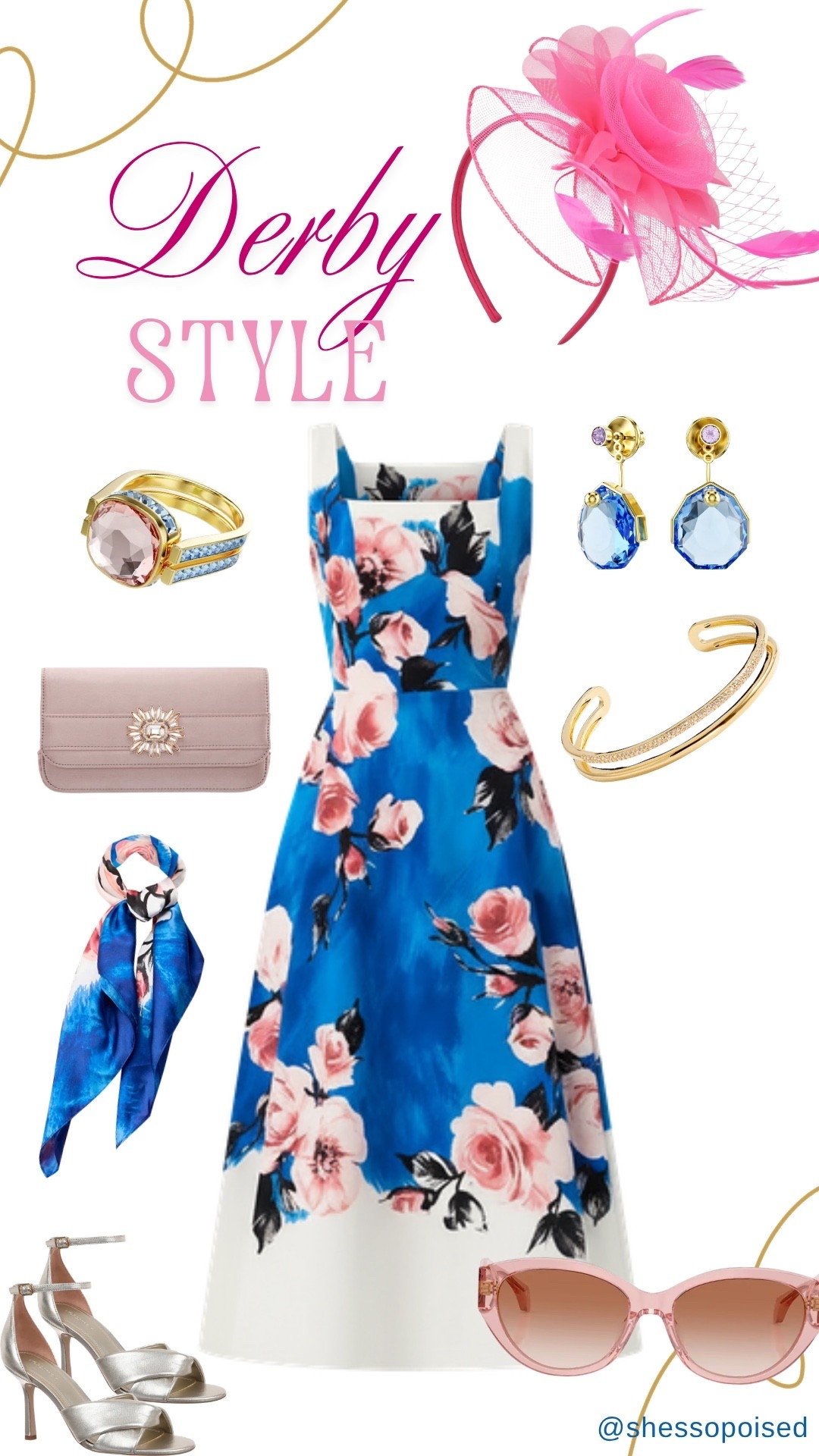 Do you need a dress for a Derby party? This floral dress from WHBM is perfect. The blue color is gorgeous- almost looks like a painting. Accessories complement the pink roses and shades of the dress including Swarovski crystal earrings and ring. A fascinator headband is always fun to wear. 

#LTKootd #LTKWedding #LTKOver40