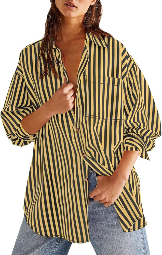 Cicy Bell Womens Oversized Striped Button Down Shirts Boyfriend Long Sleeve Collared Work Blouses | Amazon (US)