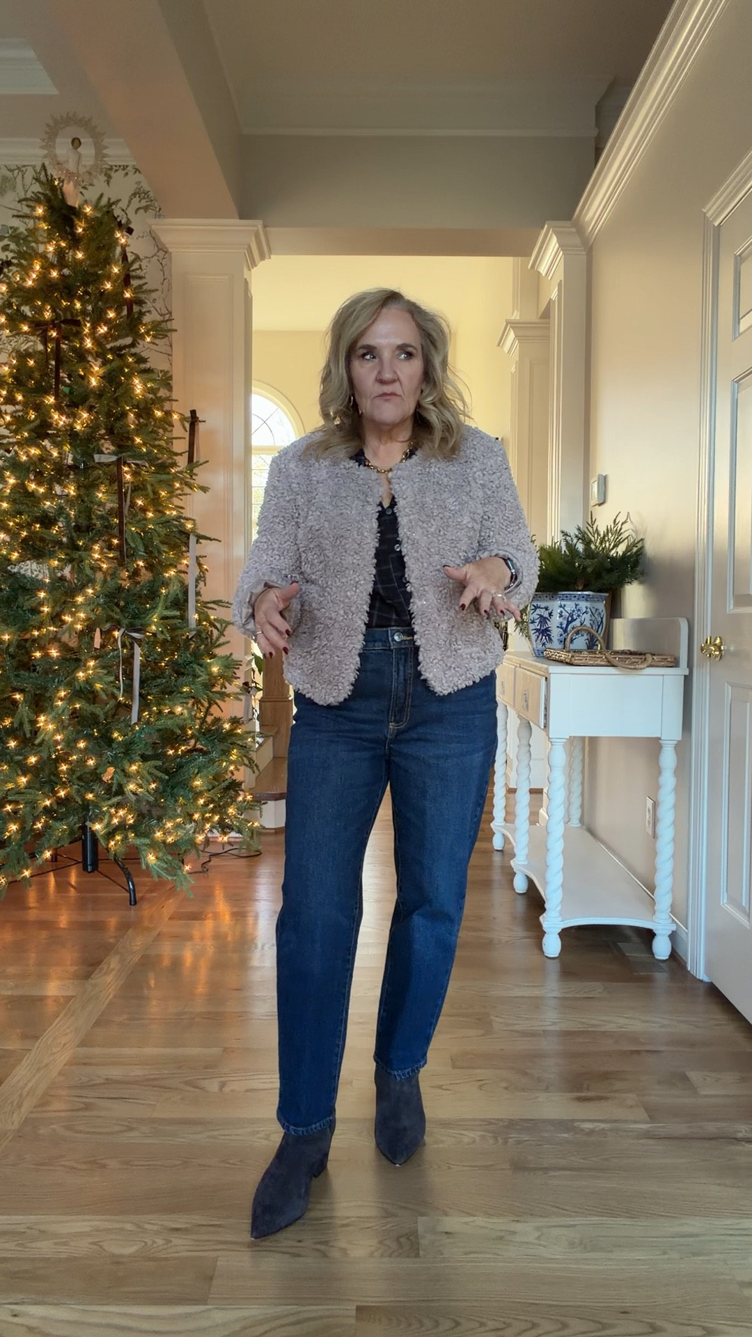 Walmart pieces that are winners! Lined Sherpa jacket great for cold houses, offices and moderate outdoor winters. Wearing a medium 
Jeans size down! Wearing a 6 
Plaid shirt size medium 
Business casual teacher outfit 

#LTKFindsUnder50 #LTKOver40 #LTKWorkwear