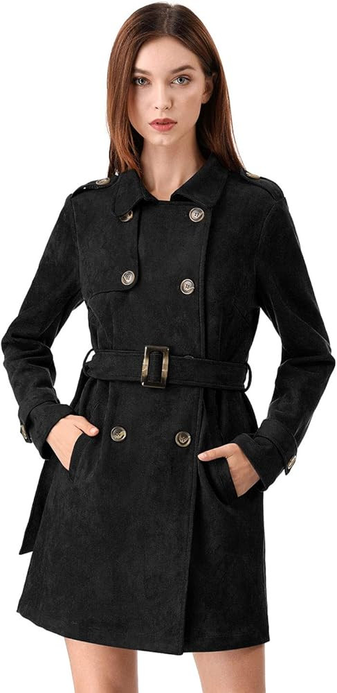 Allegra K Women's Notched Lapel Double Breasted Faux Suede Trench Coat Jacket with Belt | Amazon (US)