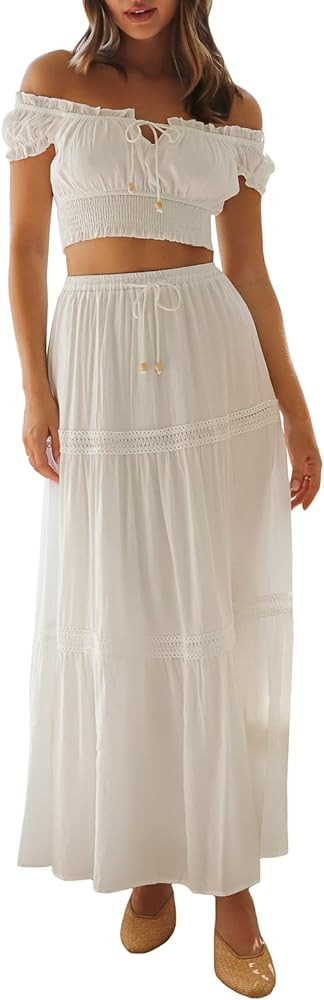 Women Y2K Patchwork Ruffle Skirt Sets Beach Two Piece Maxi Skirt Suit Tie Front Cami Flowy Skirts... | Amazon (US)