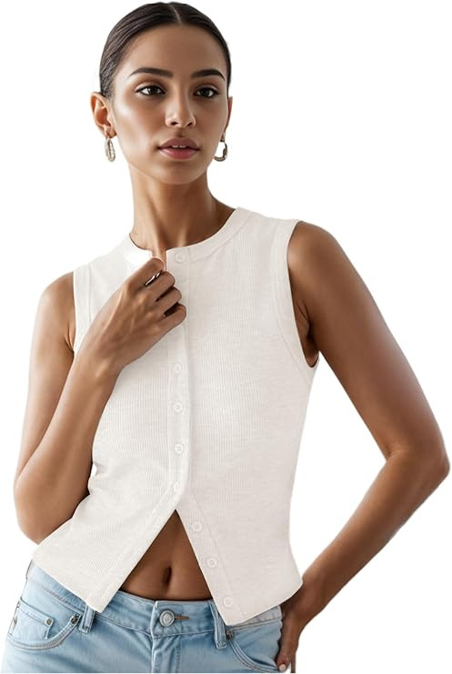 Womens Button Down Tank Tops Ribbed Summer Going Out Crop Vest | Amazon (US)