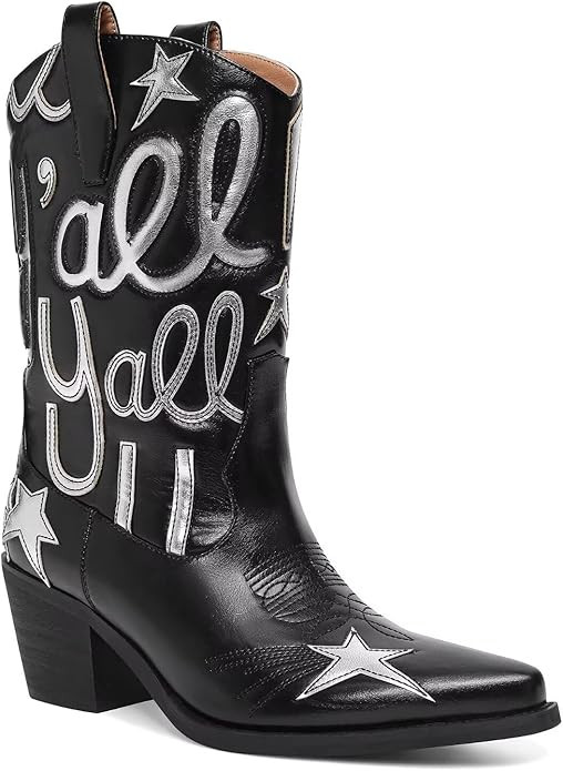 Metallic Cowboy boots for Women Mid Calf Low Heel Pointed Toe Womens Cowgirl Boots Fashion Embroi... | Amazon (US)