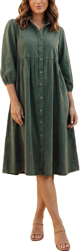 Women's 3/4 Sleeve Button Front Collared Empire Waist Swing Midi Dress | Amazon (US)
