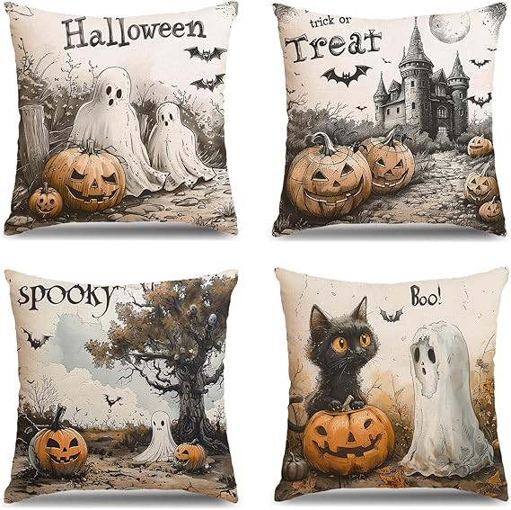 MEHOFOND Halloween Pillow Covers 18x18 Set of 4, Boo Throw Pillow Coves Trick or Treat Ghost Evil... | Amazon (US)
