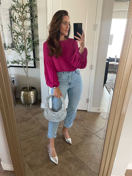 Pleated berry, pink blouse with straight leg, ankle jeans, silver heels, and silver purse! 💗🩶

Top, size small 
jeans, size 27 short 

#LTKsalealert #LTKfindsunder50 #LTKstyletip