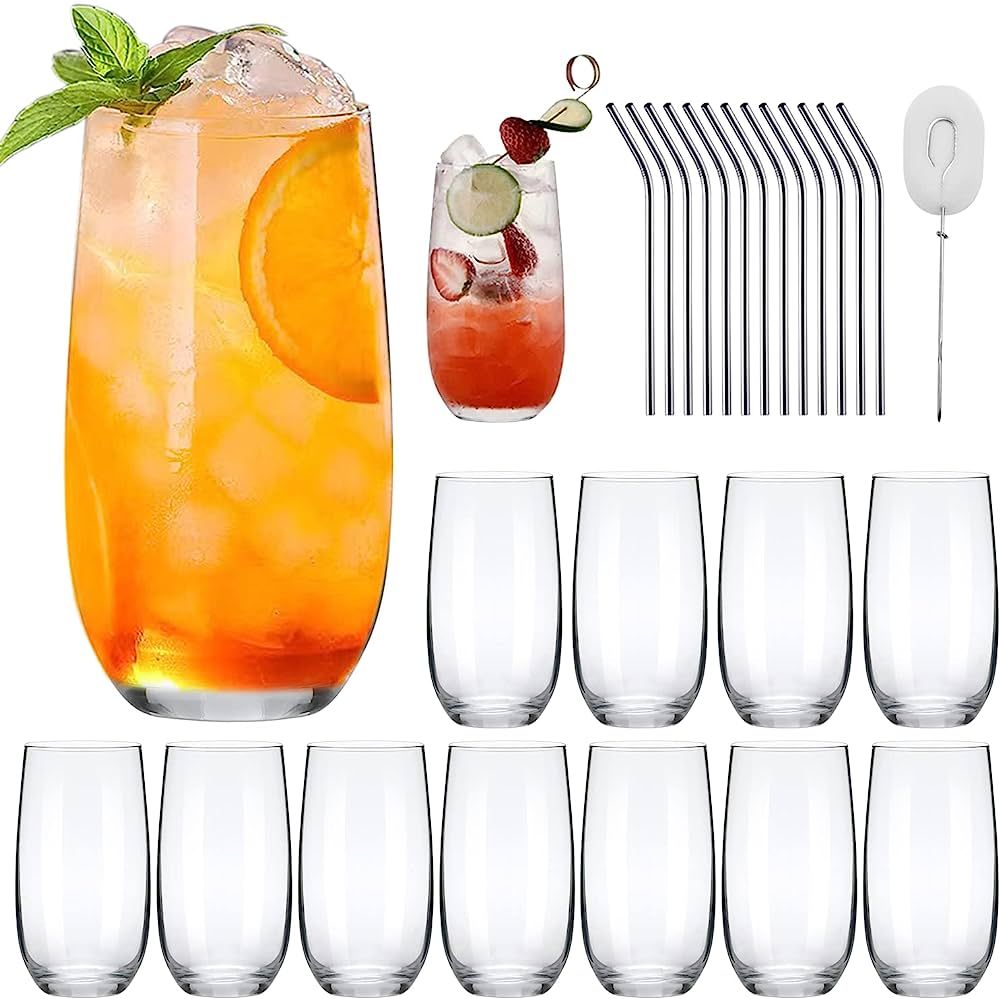 QAPPDA Drinking Glasses Set of 12,16 OZ Highball Glasses with Straws,Clear Tall Water Glasses Pre... | Amazon (US)