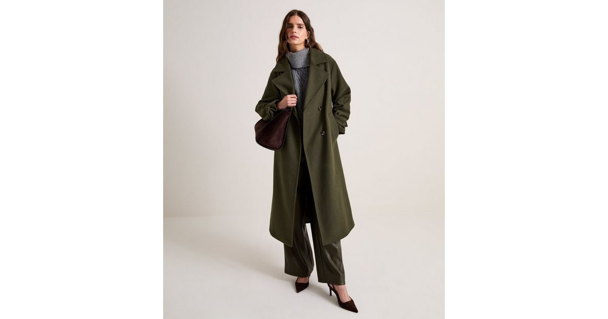 Women's Premium Dark Khaki With Wool Double Breasted Coat New Look | New Look (UK)