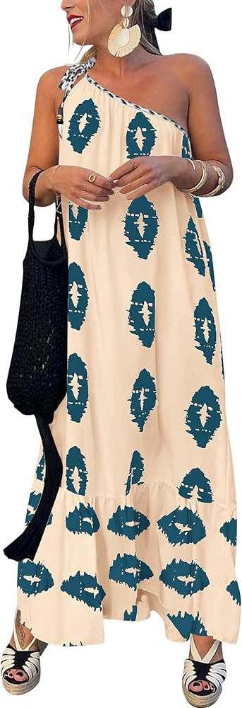 PRETTYGARDEN Women's 2025 Summer Maxi Dresses One Shoulder Printed Flowy Boho Beach Vacation Long... | Amazon (US)