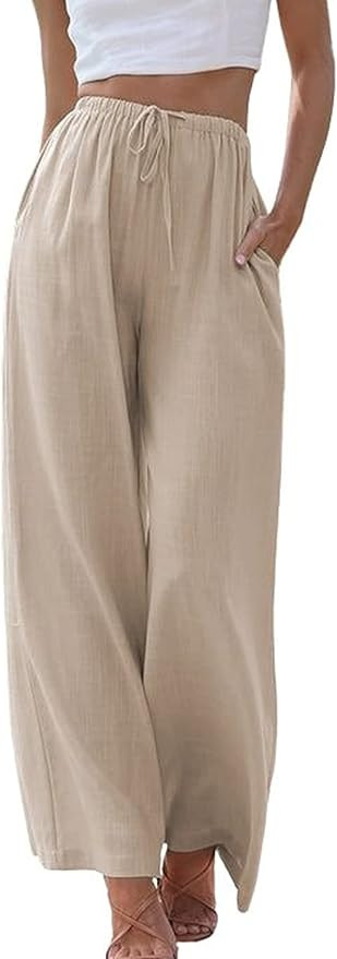 Himosyber Women Cotton Linen Pants Wide Leg High Waist Flowy Summer Beach Drawstring Pant Trouser | Amazon (US)