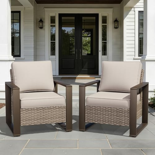 Outdoor Patio Chairs Set, 2 Pieces Wicker Rattan Chairs with Metal Wide Armrest, Thick Cushions a... | Amazon (US)