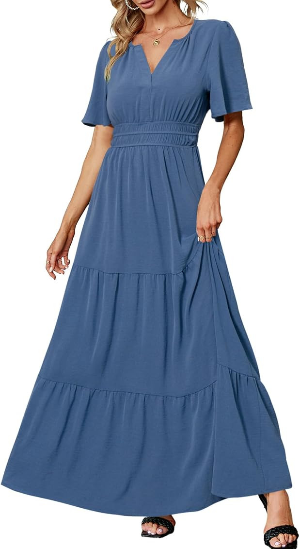 Amegoya Women's Summer Boho Maxi Dresses Casual V Neck Short Sleeve A-line Empire Waist Long Flow... | Amazon (US)