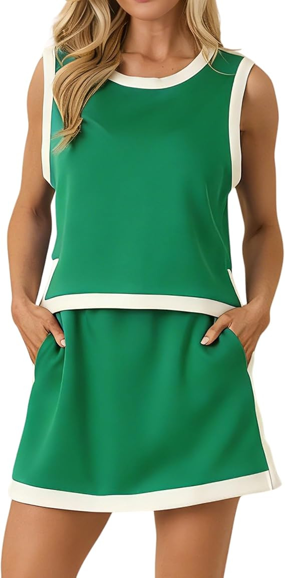 Womens Summer Skort Set Color Blocked Sleeveless Tank Top Mini Skirt 2 Piece Outfits Casual Match... | Amazon (US)