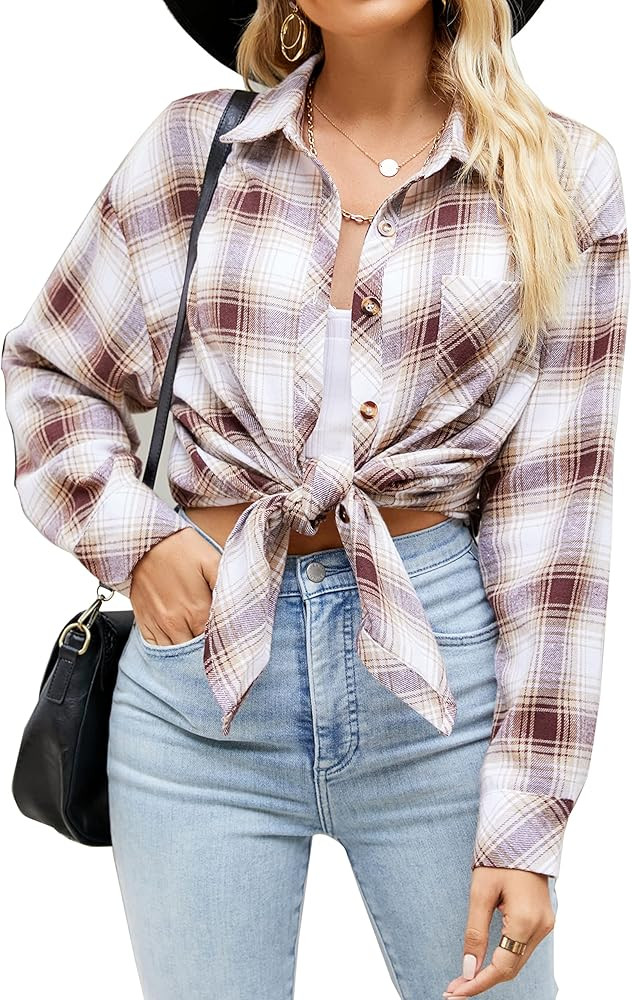 CHYRII Womens Button Down Flannel Shirts Long Sleeve Plaid Shackets Business Casual Blouse Top | Amazon (US)