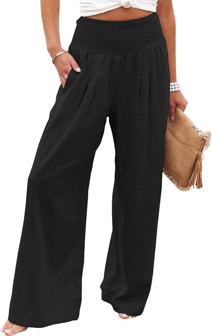 Women's Linen Pants Summer Causal High Waisted Palazzo Pants Wide Leg Long Lounge Pant Trousers w... | Amazon (US)