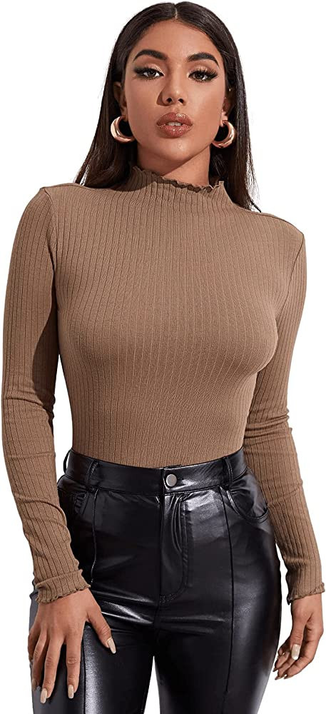 SweatyRocks Women's Casual High Neck Long Sleeve Ribbed Tee Slim Fit Stretch Striped Knit T Shirt... | Amazon (US)