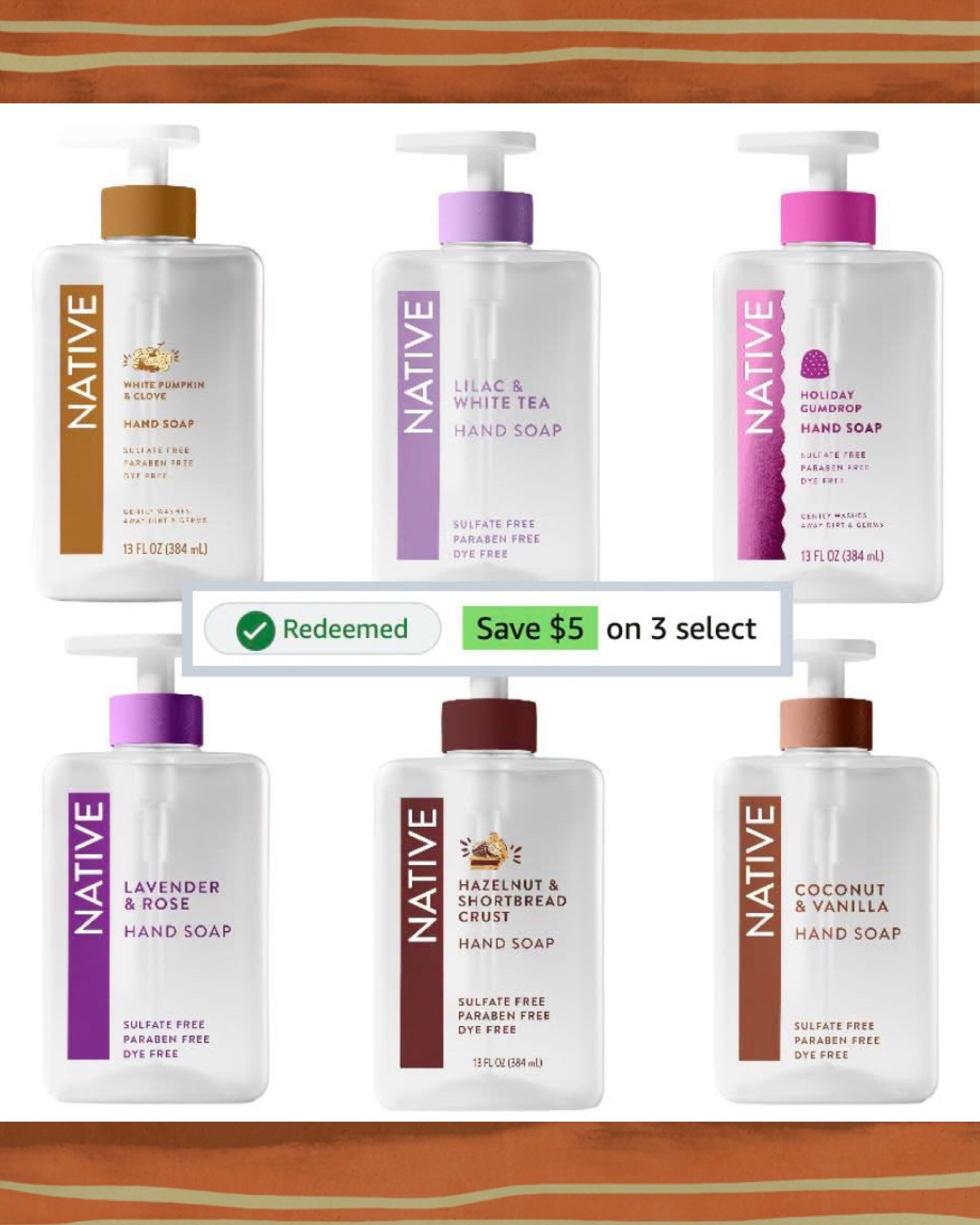 Native Hand Soap just became Ava in some new seasonal scents, and all scents are available on sale today at Amazon! These soaps are made with only 11 ingredients, and free from sulfates, parabens, dyes, and benzalkonium chloride for a simple yet effective clean. The bottles are 13oz as well, so you definitely get a large size for a great price!

Either click the Redeem button or use code NATIVE5 on the final checkout screen!

#LTKSaleAlert #LTKselfcare #LTKBeauty