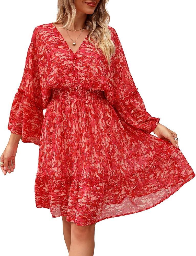 Jollycode Women's Spring Summer 2023 Floral Mini Dress Boho A Line Chiffon Dress Casual Batwing S... | Amazon (US)