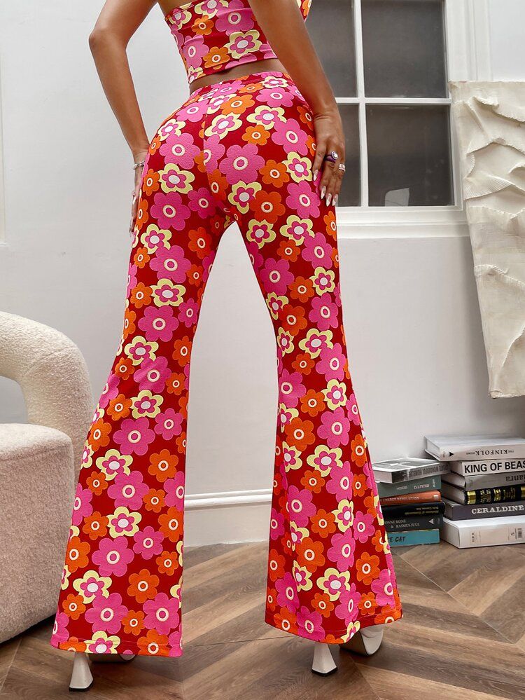 SHEIN VCAY Allover Floral Print Flare Leg Pants | SHEIN