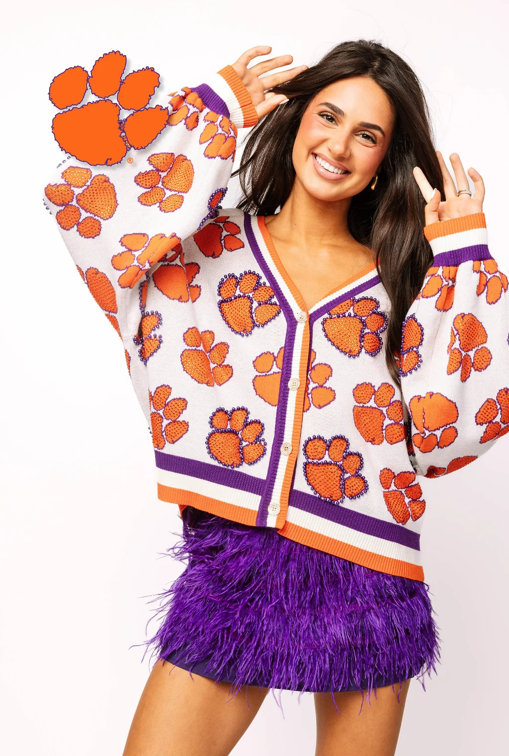 Licensed Clemson Knit In Mascot Rhinestone Cardigan | Queen of Sparkles