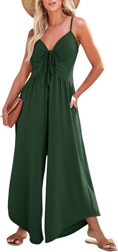Dokotoo Womens Jumpsuits Spaghetti Straps Ruched Drawstring Knit Wide Leg Romper Casual Jumpsuits... | Amazon (US)