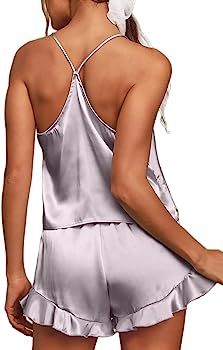 CHYRII Women's Sexy Silk Satin Ruffled Pajamas Sets Cami Shorts Sets Sleepwear | Amazon (US)