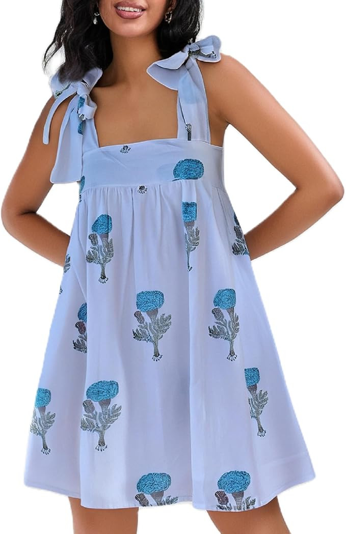 Women Boho Floral Mini Dress Tie Shoulder Babydoll Dress Square Neck Flowy Sundress Summer Going ... | Amazon (US)