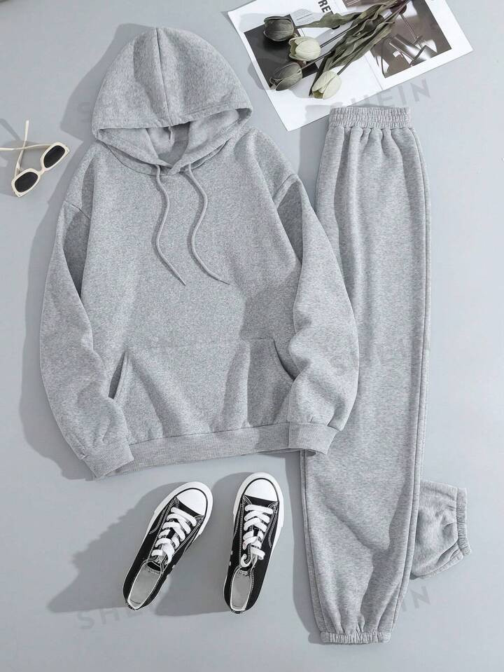 Kangaroo Pocket Drawstring Thermal Hoodie & Sweatpants | SHEIN