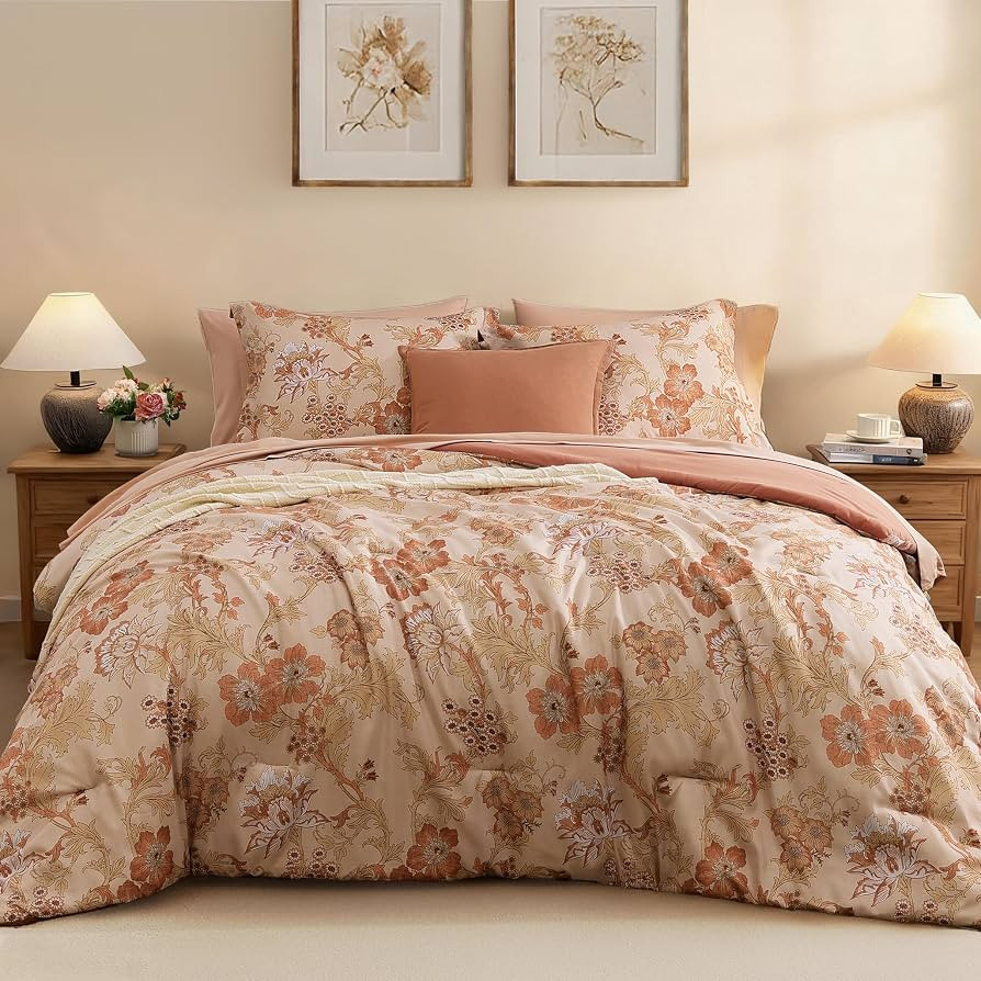 King Size Comforter Set-7 Pieces Terrecotta Floral Bed in a Bag | Amazon (US)