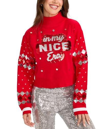 Tipsy Elves Women's Christmas Sweaters - Women's Ugly Christmas Sweaters - Embellished Winter Holiday Pullovers - Nice Era Cropped Turtleneck Sweater Size 1X | Amazon (US)
