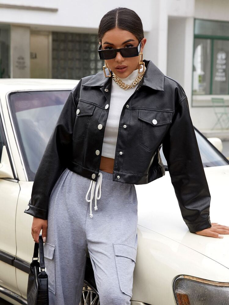 SHEIN Drop Shoulder PU Leather Crop Shacket | SHEIN