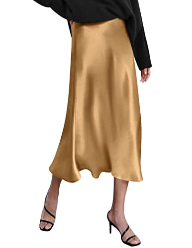 Zeagoo Womens Midi Skirt Satin High Waist Skirt Elegant Silk Skirts Khaki | Amazon (US)
