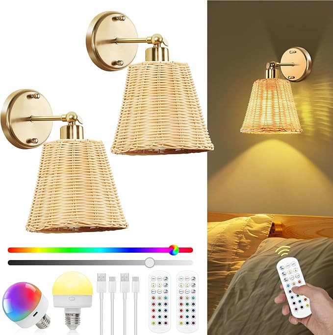 Frideko Rattan Rechargeable Battery Operated Wall Sconces Set of Two with Remote, RGB 15 Colors D... | Amazon (US)