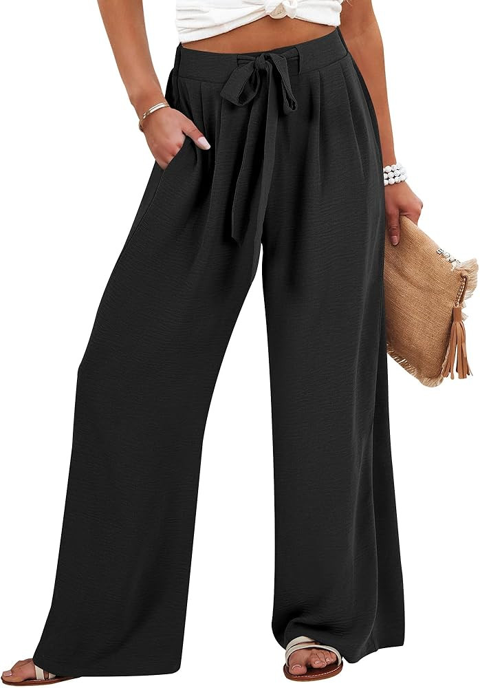 Caracilia Womens Wide Leg Palazzo Pants High Waisted Adjustable Tie Knot Flowy Trousers Casual Lo... | Amazon (US)