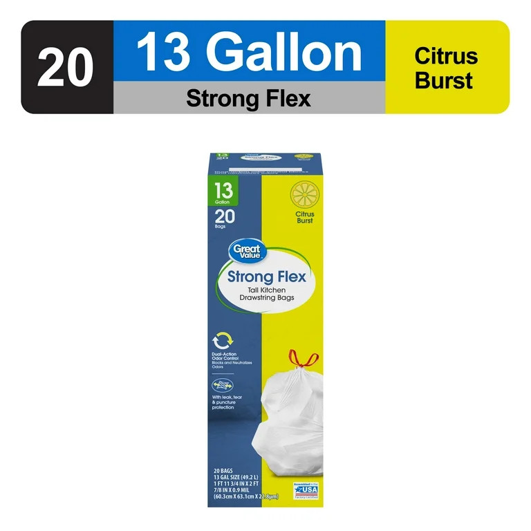 Great Value Strong Flex 13-Gallon Drawstring Tall Kitchen Trash Bags, Citrus Burst, 20 Count | Walmart (US)
