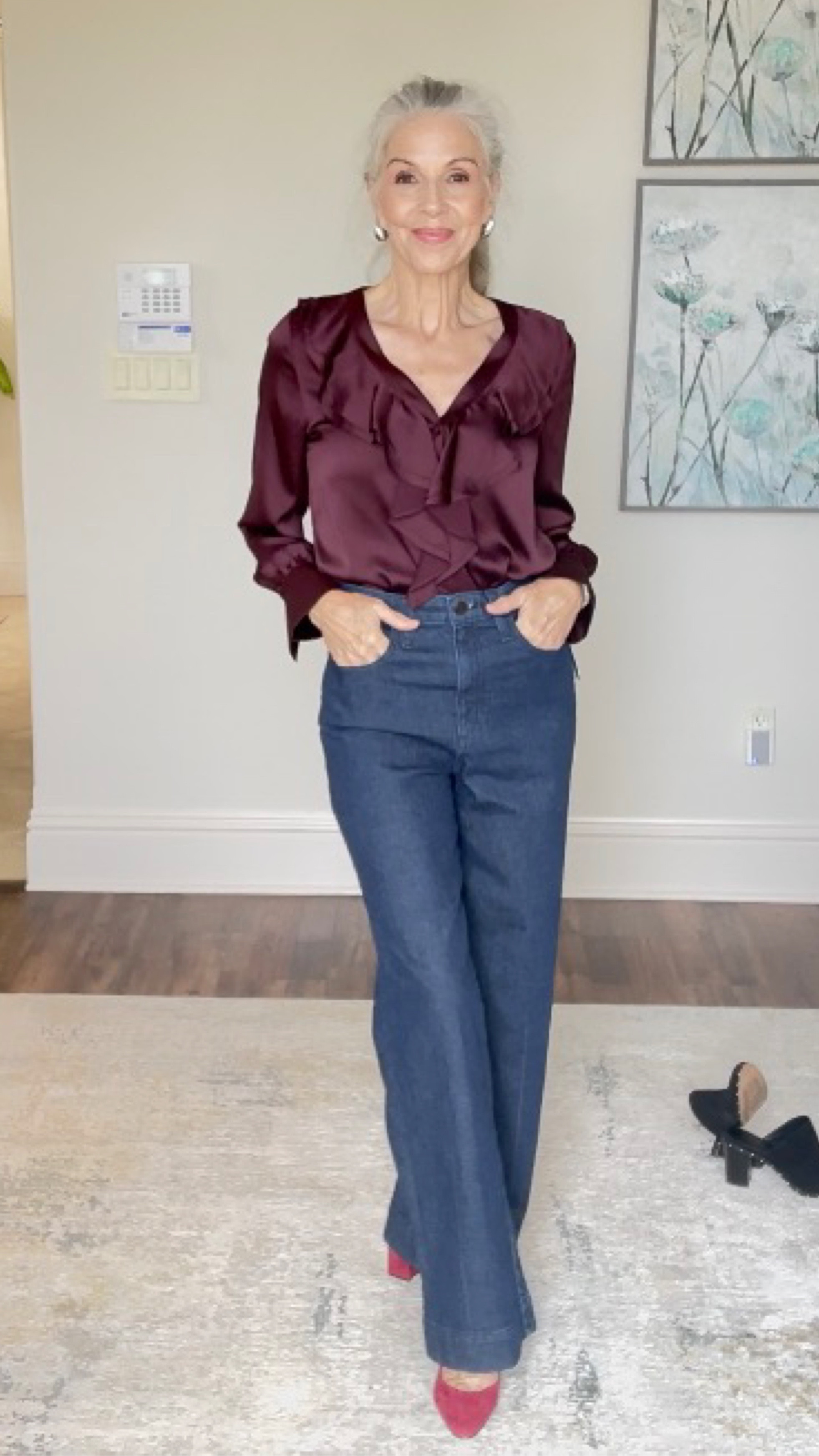 Nothing says feminine like a satin ruffle blouse… paired with High Rise  wide leg jeans…and red suede shoes… perfect casual date night out!! 

#LTKstyletip #LTKHoliday #LTKover40