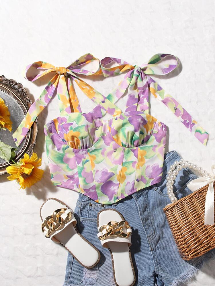 SHEIN MOD Floral Print Knotted Shoulder Asymmetric Hem Top | SHEIN